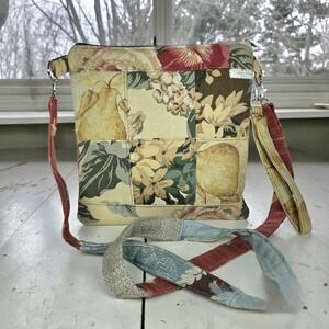 Handmade Tablet Pouch Floral & Pear Patchwork Bag Wristlet Tan Green 11" Square